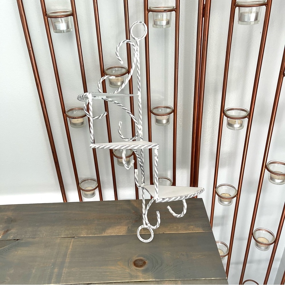 Eclectic Revival Distressed Hand Painted Vtg Hanging Corner Shelf Metal Spiral